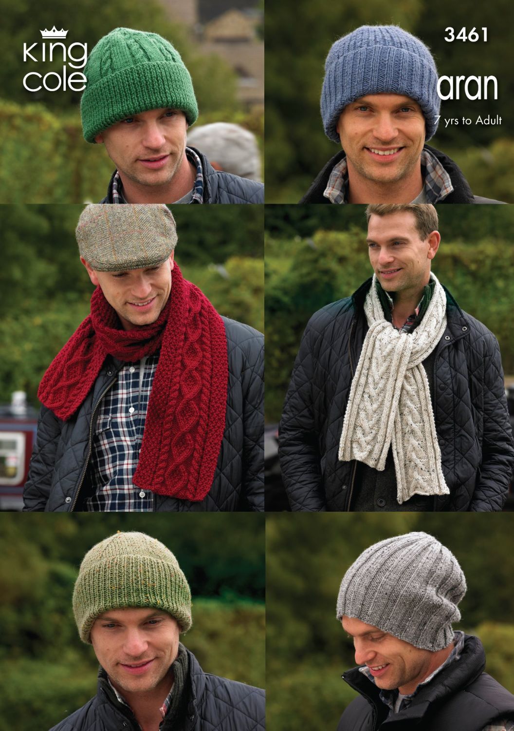 3461 Knitting Pattern Aran - Mens Hats & Scarfs 7yrs to Adult