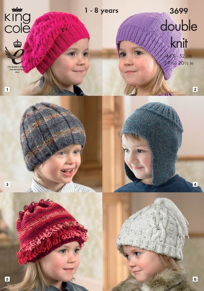 3699 Knitting Pattern DK - Childrens Hats 1 - 8 Years