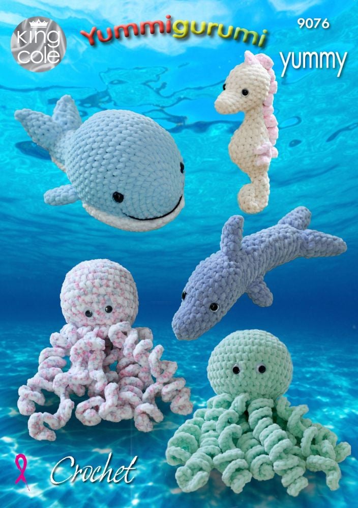 9076 Crochet Pattern - Snuggle Octopus, Whale, Seahorse & Dolphin in Yummy