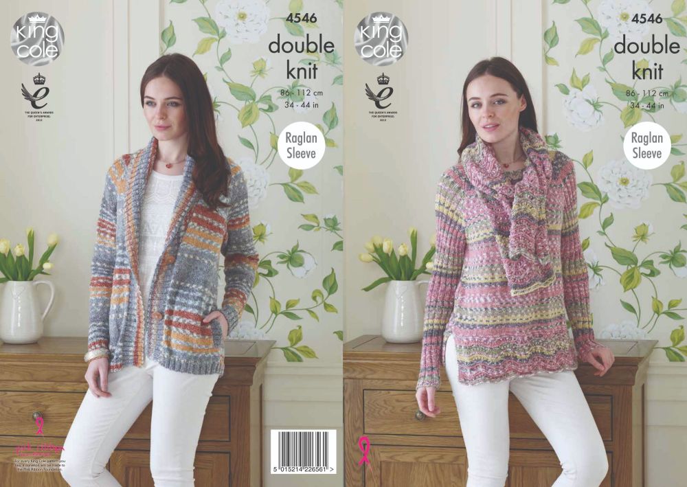 4546 Knitting Pattern - Jacket, Sweater & Scarf DK 34 - 44" (Raglan Sleeve)