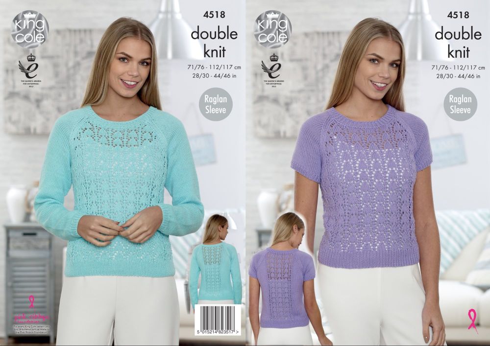 4518 Knitting Pattern - Ladies DK Sweater 28/30 - 44/46" (Raglan Sleeve)