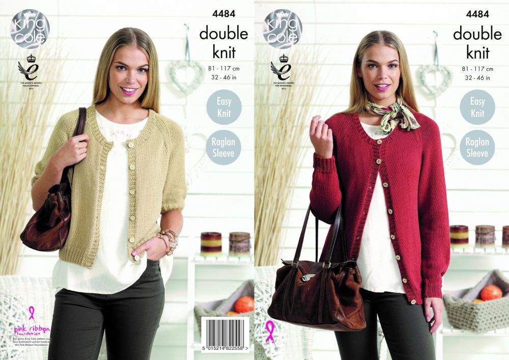 4484 Knitting Pattern - DK Cardigans 32 - 46" Raglan Sleeve (Easy Knit)