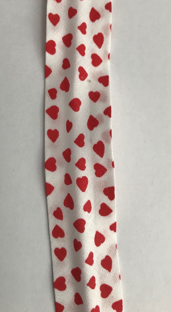 25mm Bias Binding - White with Red Hearts  - 5460