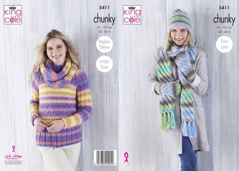 5411 Knitting Pattern in Chunky - Ladies Sweater, Cowl, Hat, Scarf & Mittens