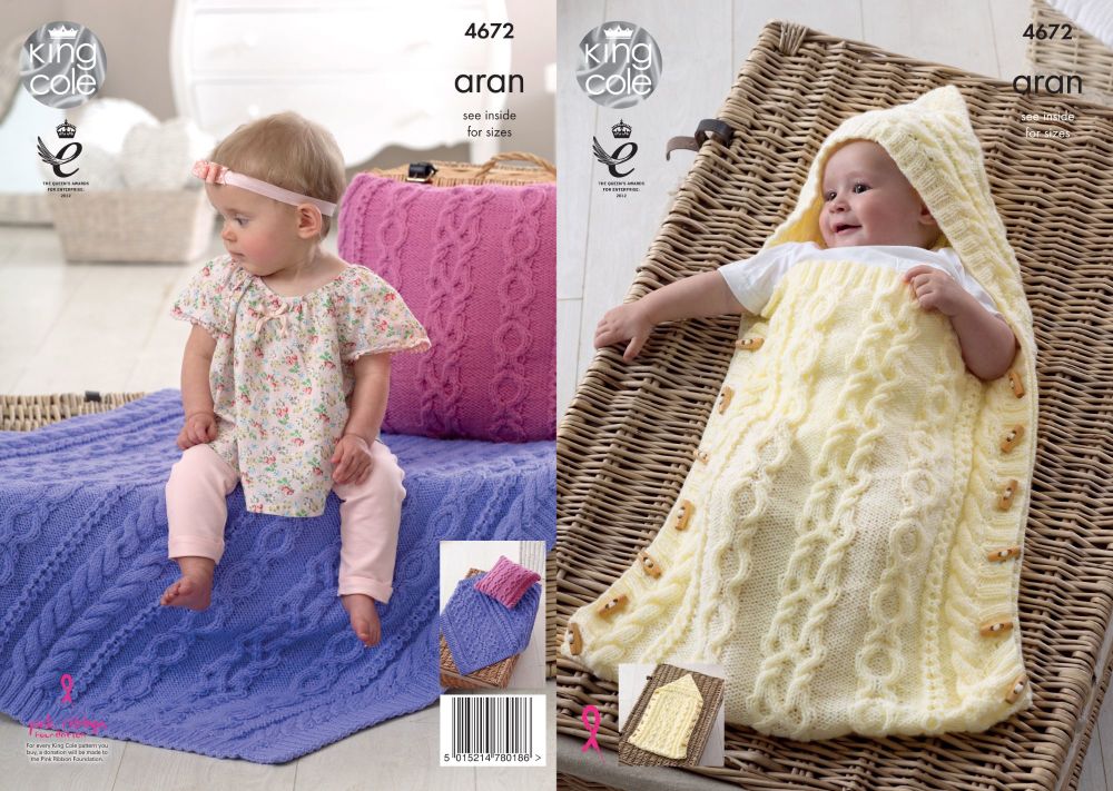 4672 Knitting Pattern -  Aran Baby Sleeping Bag, Cushion and Blanket
