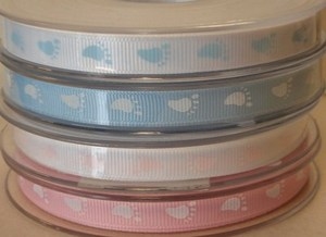 9mm Baby Footprint Grosgrain Ribbon - White with Pink SR1201/1