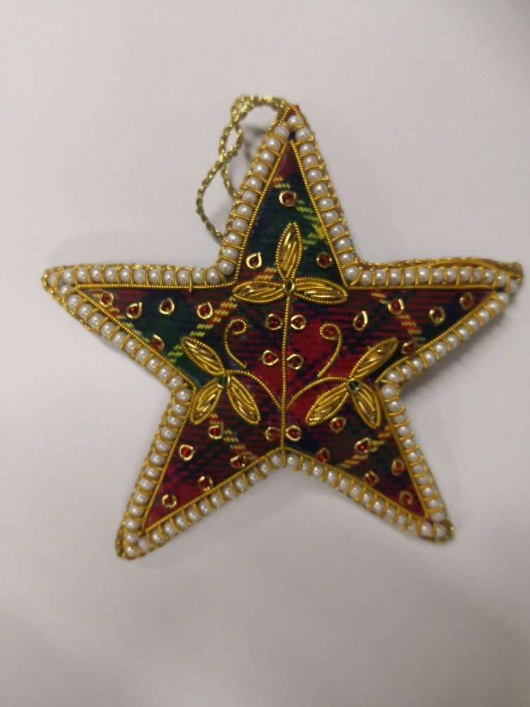 Tartan Star with Pearl Border Christmas Decoration