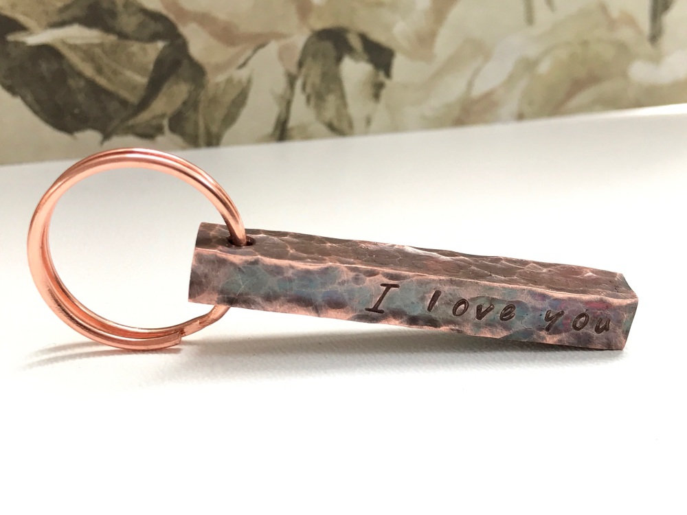 Copper Textured Bar Key Ring with Distressed Patina