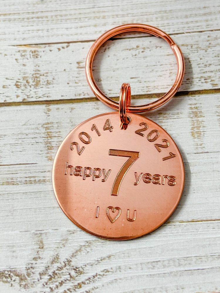 image 0 image 1 image 2 image 3 image 4 image 5 image 6 image 7 7th Anniversary Copper Keyring Hand Stamped 2012-2019 7 happy years for Him For Her Birthdays Wedding Anniversary