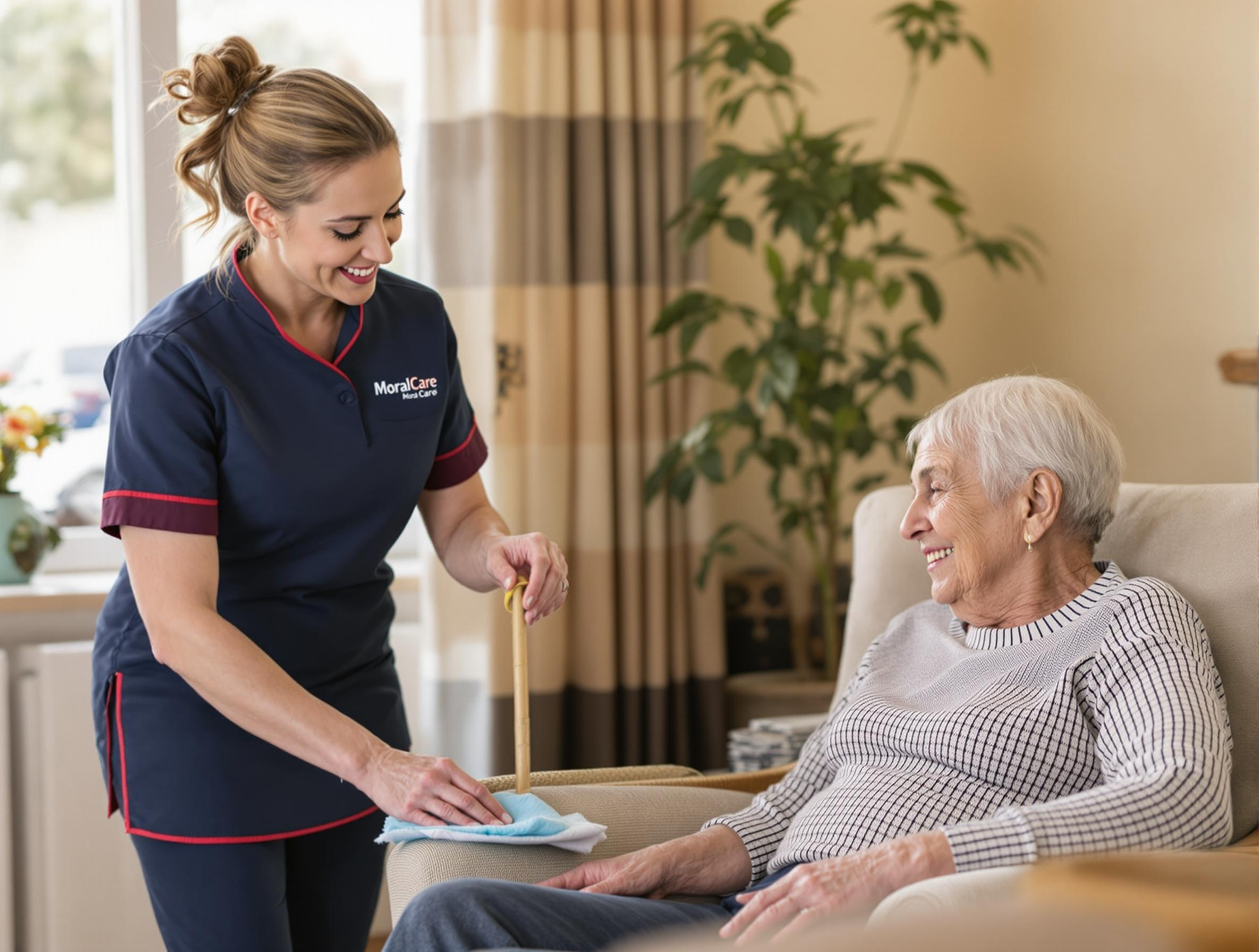 Carer cleaning senior home