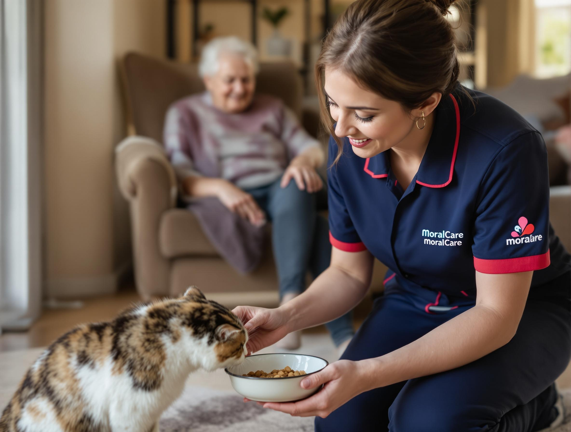 Carer feeding a clients cat