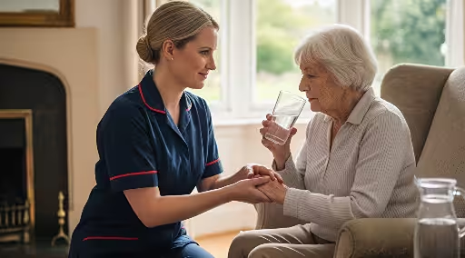Carer supporting with hydration and drinking