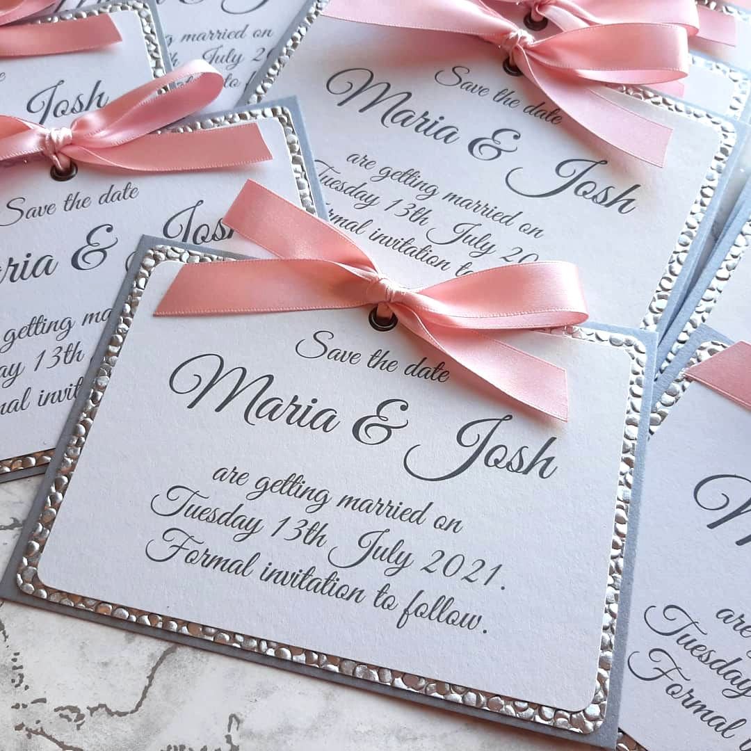 Triple mount save the dates with eyelets & bow
