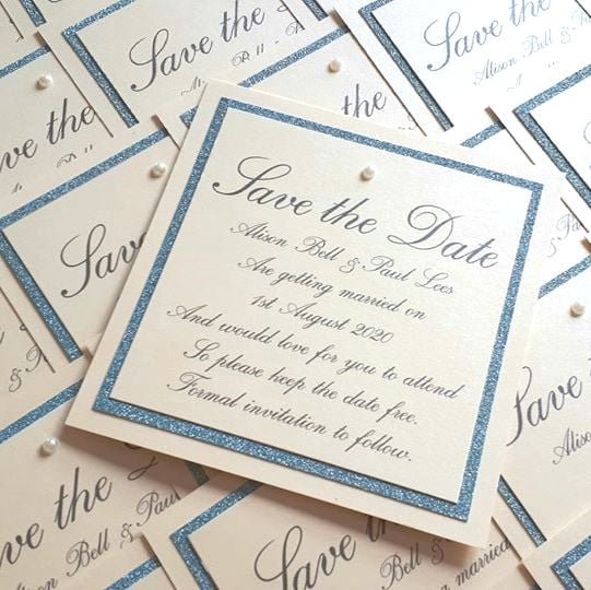 Square glitter border and pearl save the dates