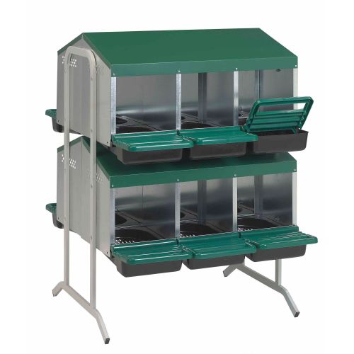 12 Bay Nest Box - Stand Alone Metal with Rollaway egg collection