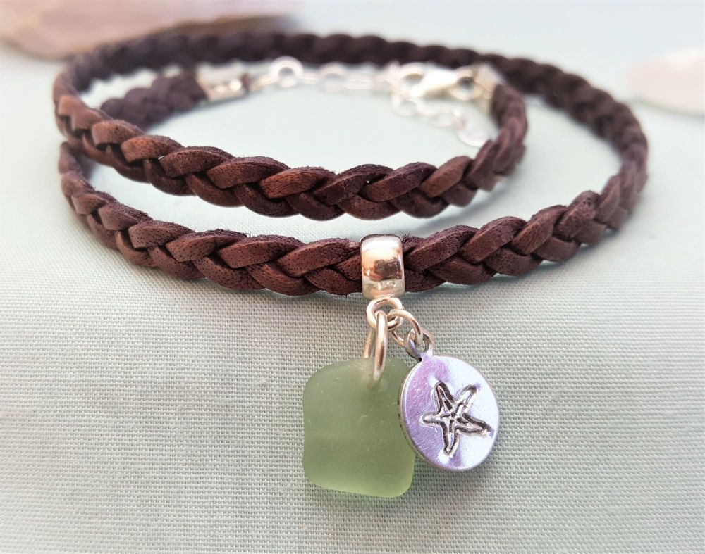 Leather braid and sea glass