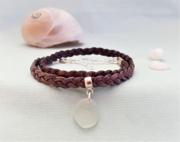 Leather braid and white sea glass