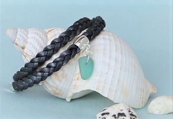 Braided metallic grey leather and sea glass