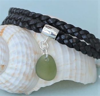 Braided black leather and sea glass