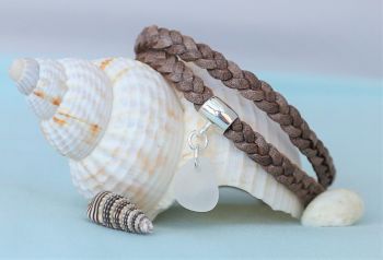 Braided brown leather with white sea glass