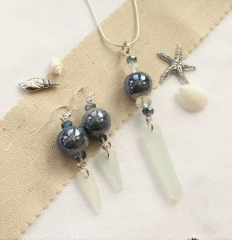 Blue and sea glass necklace and earrings