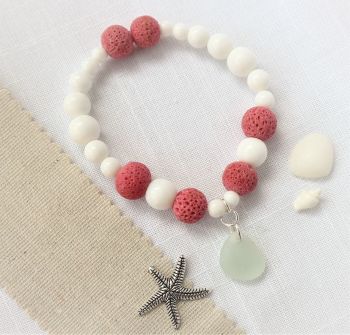 Pink lava beads with white sea glass