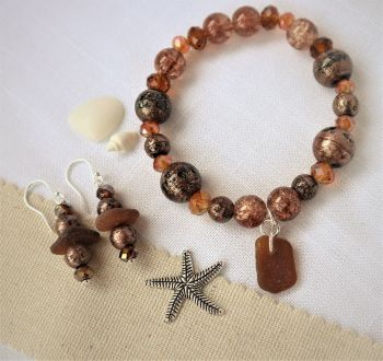 Bronze sparkles and brown sea glass. Bracelet and earring set.