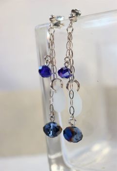 Silver chain and  white sea glass with blue