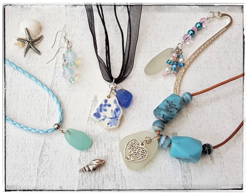 Silver plated, wire work and sea glass