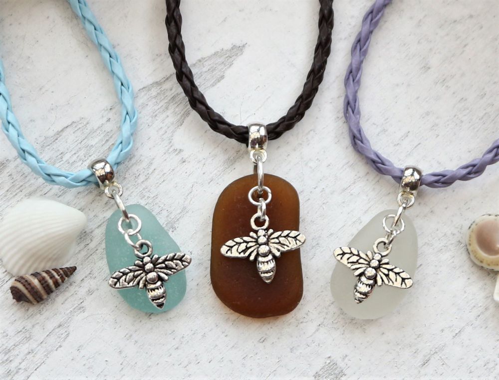 Faux braided leather necklaces with a sea glass pendant