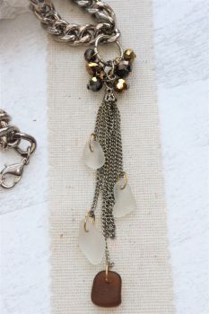 Heavy chain with white and brown sea glass dropper