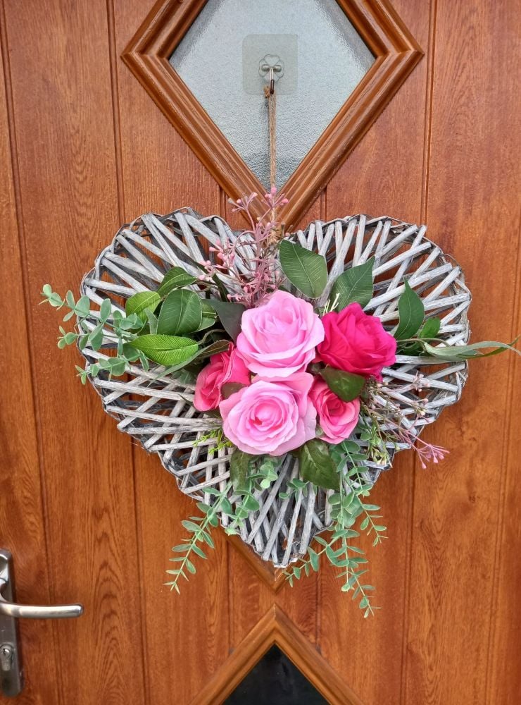 Door Wreath - Grey Wicker Heart Pink Flowers