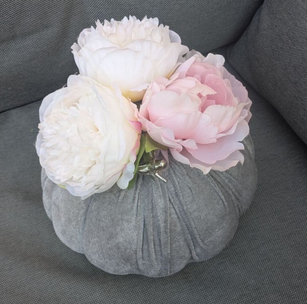 Large Velvet Pumpkin - Light Grey Pink and White Flowers