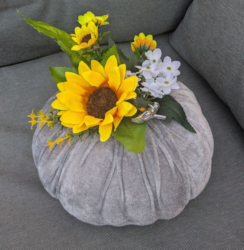 Large Velvet Pumpkin Light Grey with Sunflowers