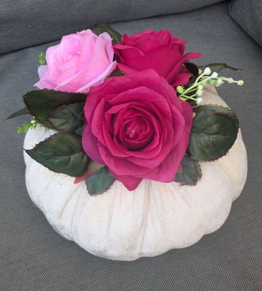 Large Velvet Pumpkin White with Pink Flowers