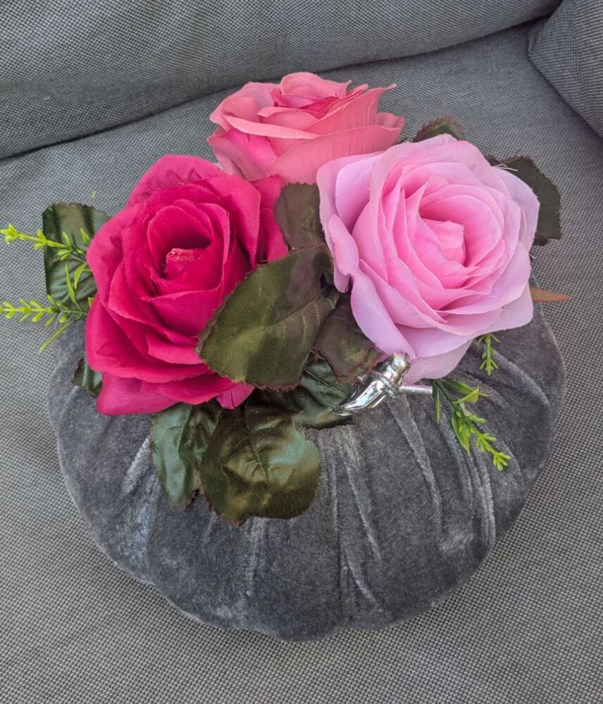 Large Velvet Pumpkin Dark Grey Pink Flowers