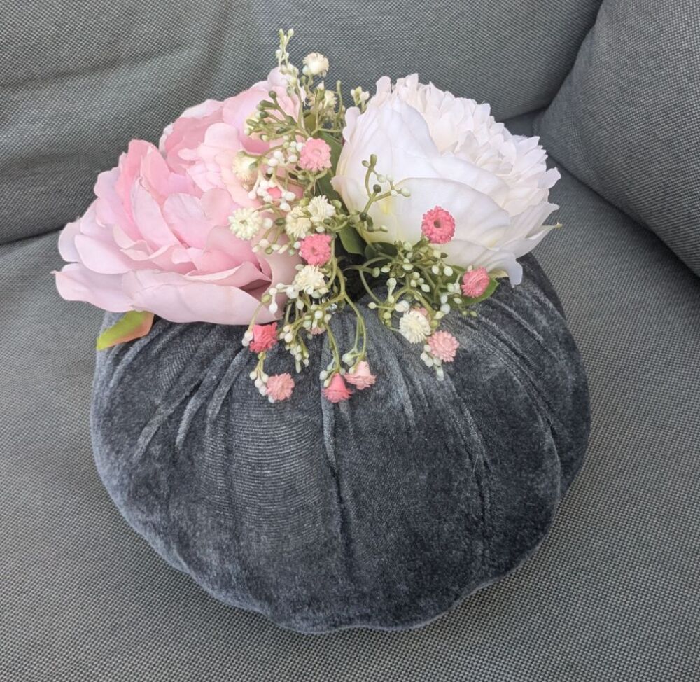 Large Velvet Pumpkin Dark Grey Pink and White Flowers