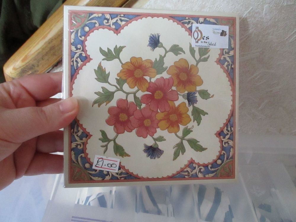 Cream with Blue & Pink Border - Orange/Pink Flowers Ceramic Tile Stand - Wooden Base - Des In The Shed