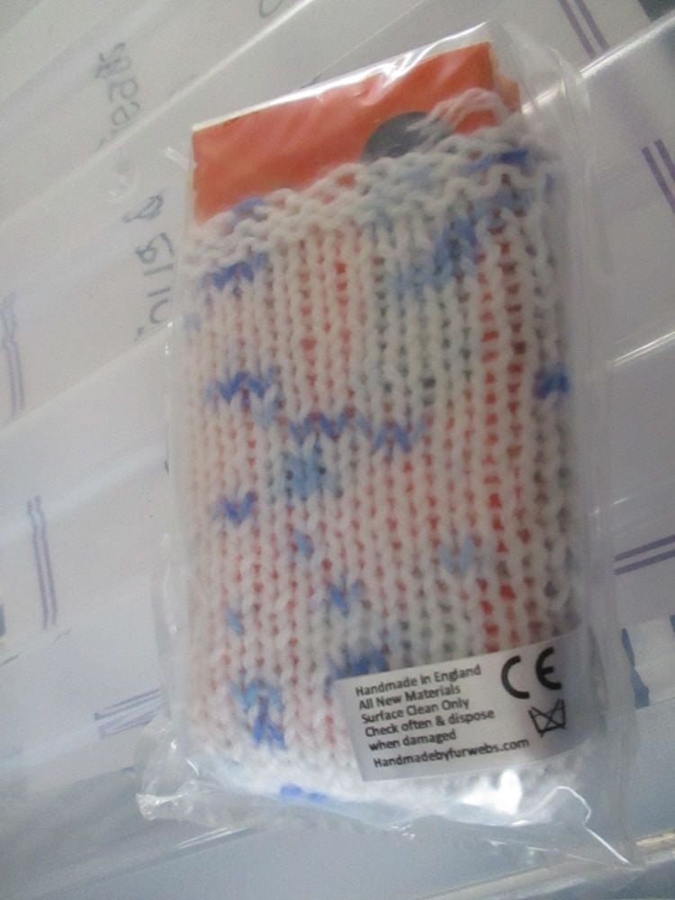 White / Blue Speckle Knitted Tissue Caddy with Tissues - Knitted By KittyMu