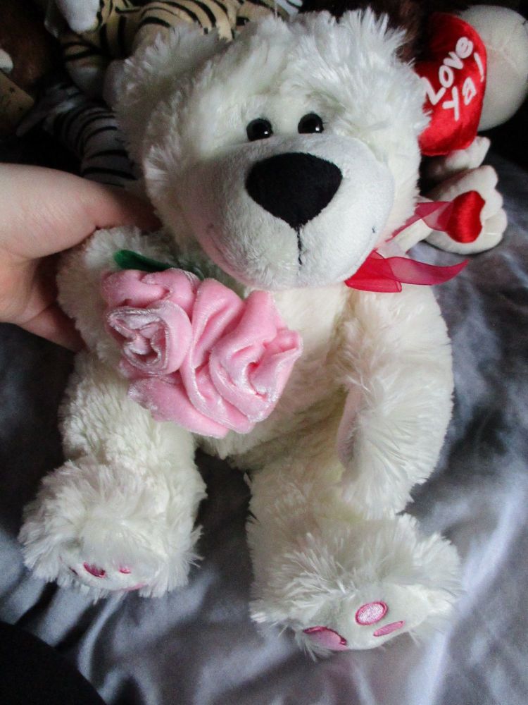 (*)White Bear with Pink Flowers - Soft Toy