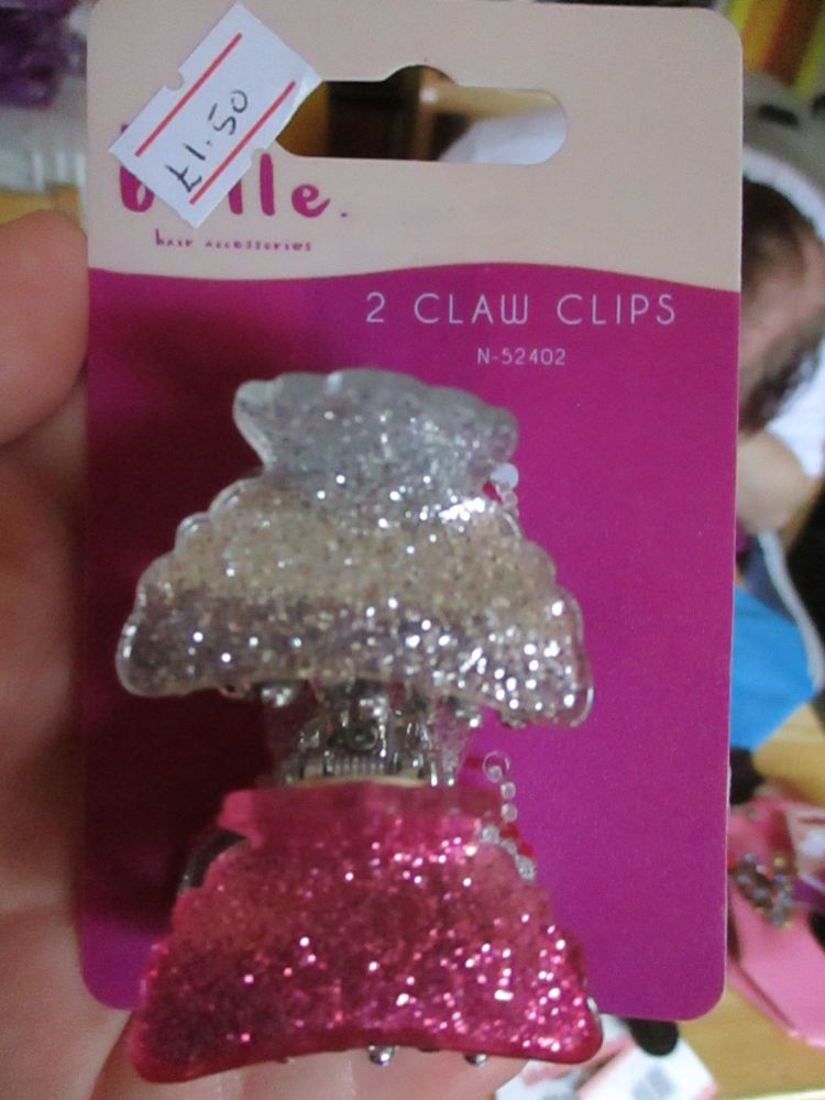 2pc Pink / Silver Glitter Effect Midi Claw Clips - Belle