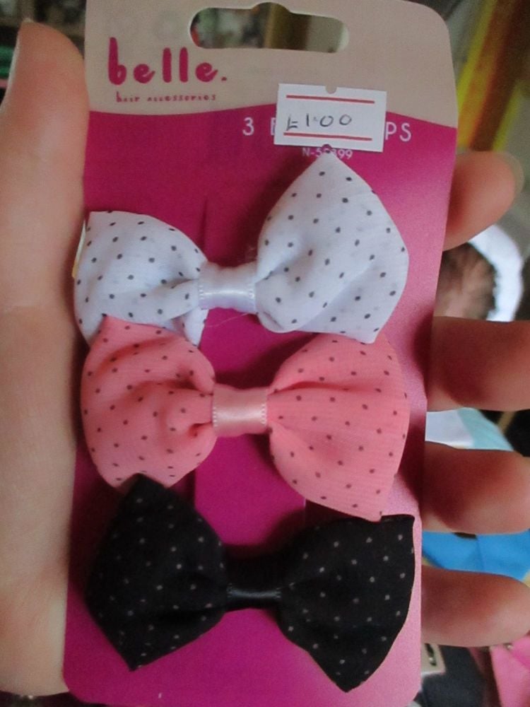 Spotted Pink / Black / White Bow Hair Clips - Belle