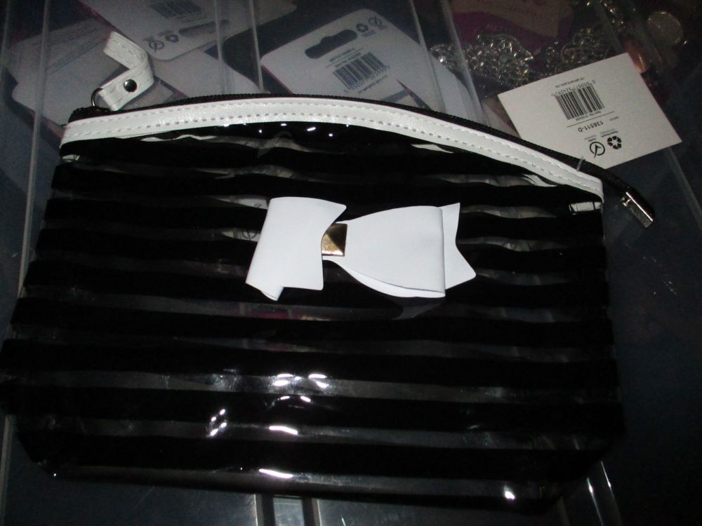 Black PVC Ribbon Detail Toiletry Cosmetics Travel Bag - Look At Me