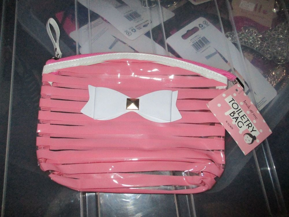 Pink PVC Ribbon Detail Toiletry Cosmetics Travel Bag - Look At Me