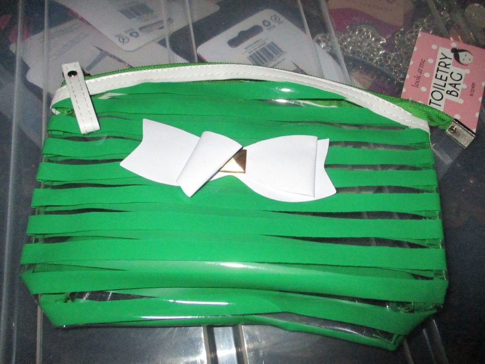 Green PVC Ribbon Detail Toiletry Costmetics Travel Bag - Look At Me