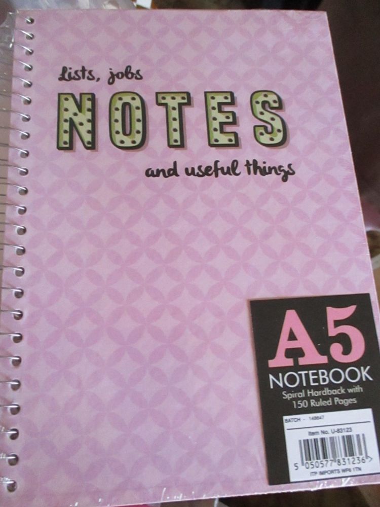 Pink 150pg Hardback Spiral A5 Lined Notebook