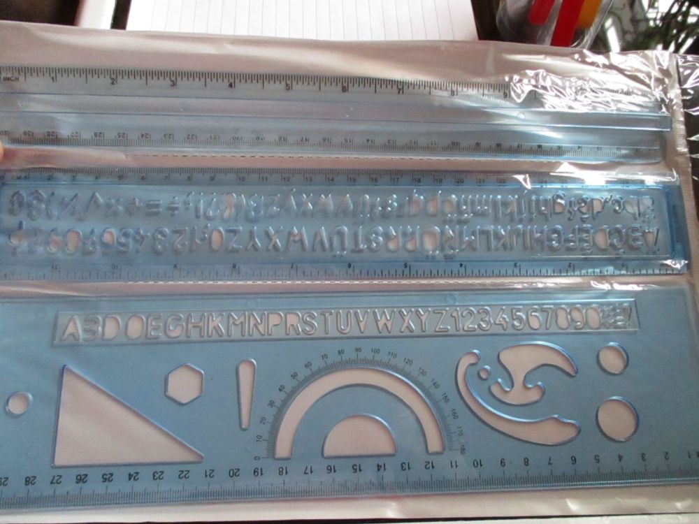3pc Ruler & Stencils Set - Blue 30cm