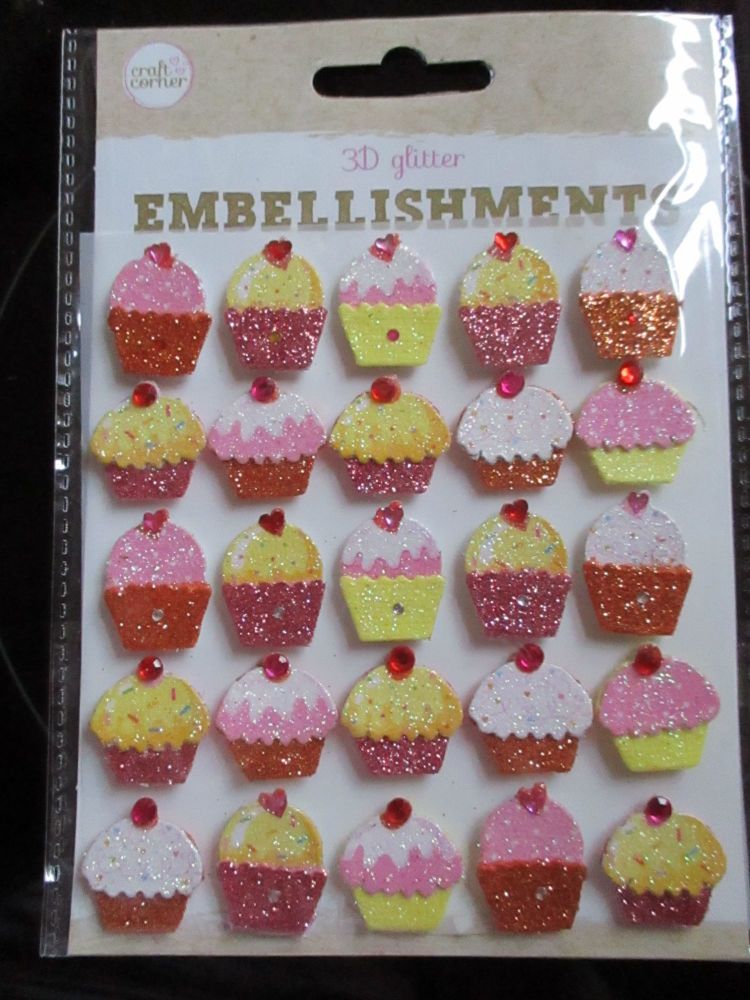 Pink / Yellow / Red Cupcakes - 3D Glittered Embellishments - Craft Corner