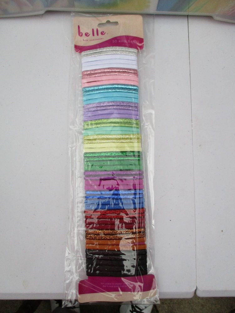 50pc Assorted Colour Metallic Elasticated Hairbands - Belle