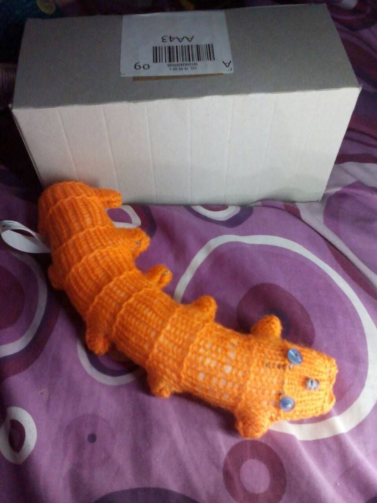Orange Body with Clear Blue Eyes Scuttlepillar - Knitted By KittyMumma